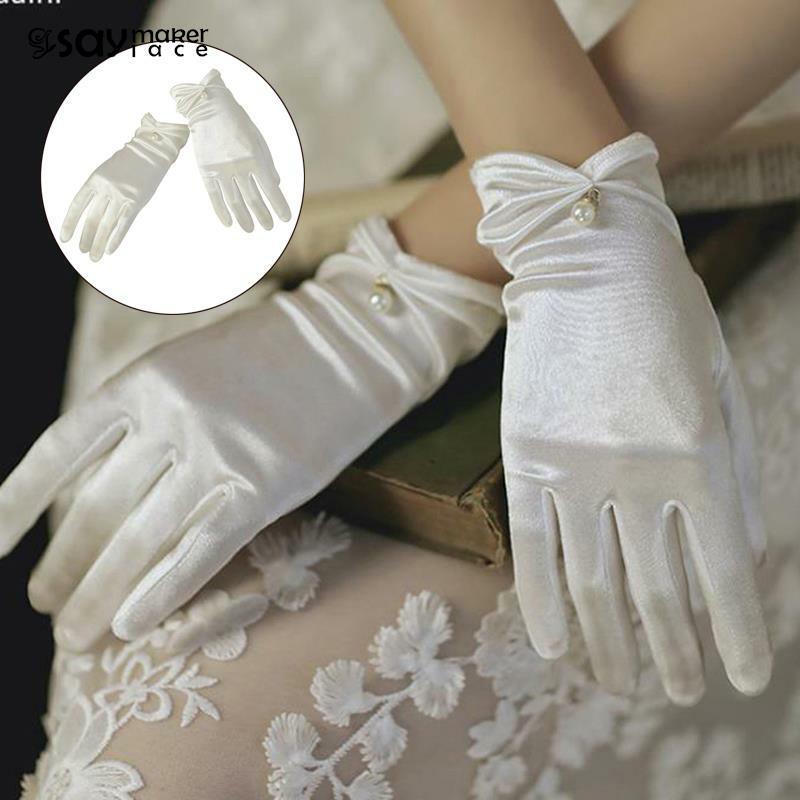 Luvas curtas de cetim para mulheres, dedo inteiro, comprimento do pulso, traje de casamento, baile e festa, 1 par