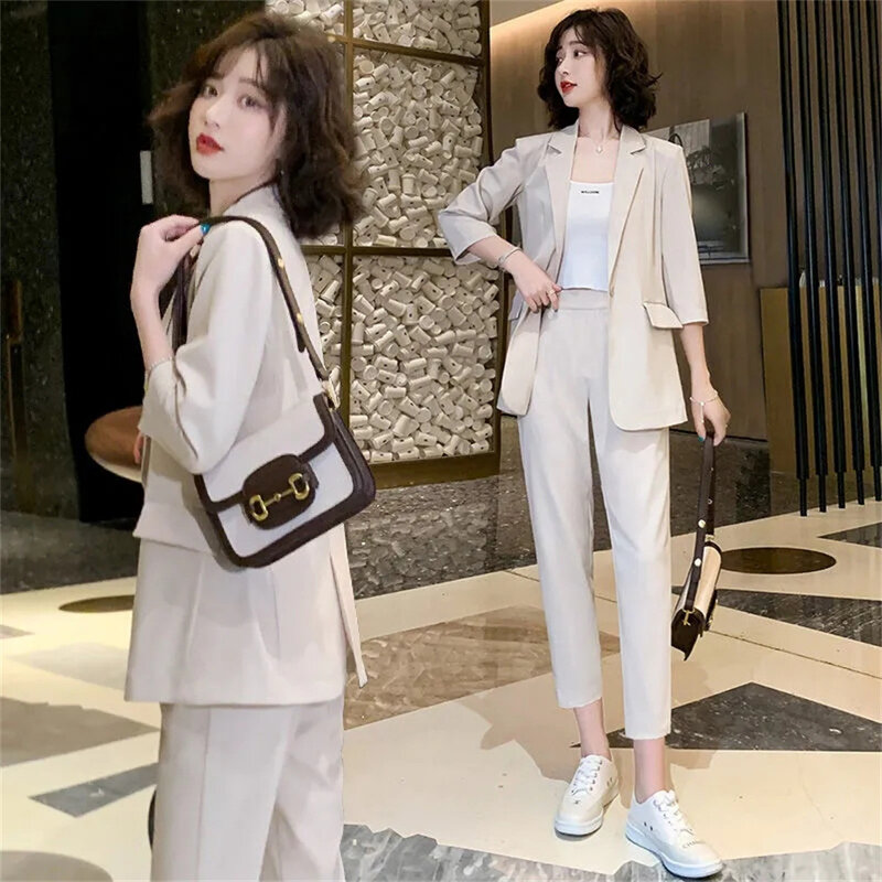 Seven Point Small Blazer Set Women Temperament 2023 New Summer Korean Version Versatile Fashion Casual Suit Two-piece Set Female