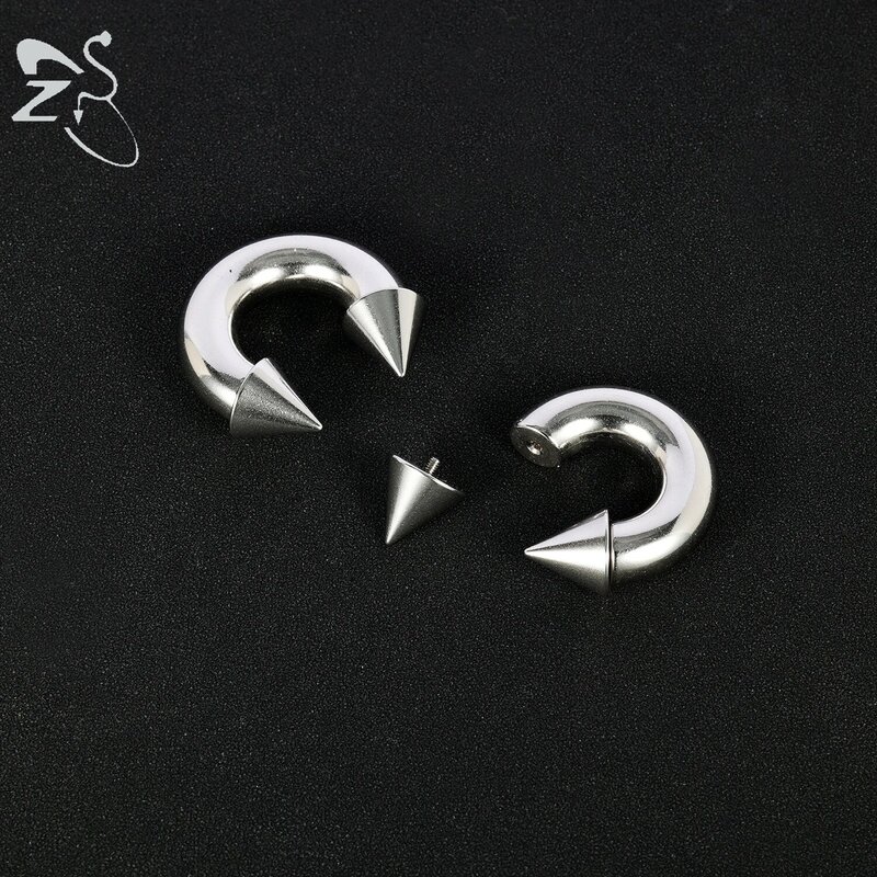 ZS 1PC 2/4/6/8G  Spike Horseshoe Nose Ring Stainelss Steel Cone Large Gauge Piercings Internal Threaded Septum Nose Ear Expander