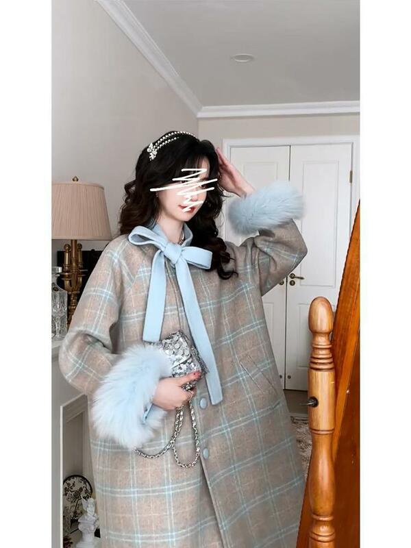 Korea Woll mantel Frauen Kawaii lose süße lange Jacke Gitter Pelz Mantel Mode warme Winter Out wears
