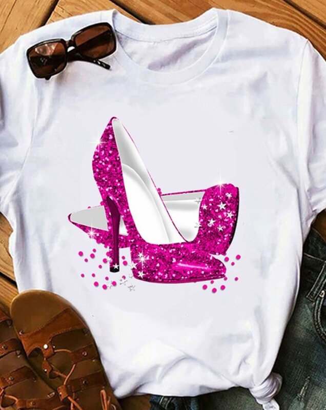 Женская одежда, новинка, модная женская футболка с графическим принтом на каблуках и круглым вырезом, Женский пуловер с коротким рукавом и круглым вырезом, Топ