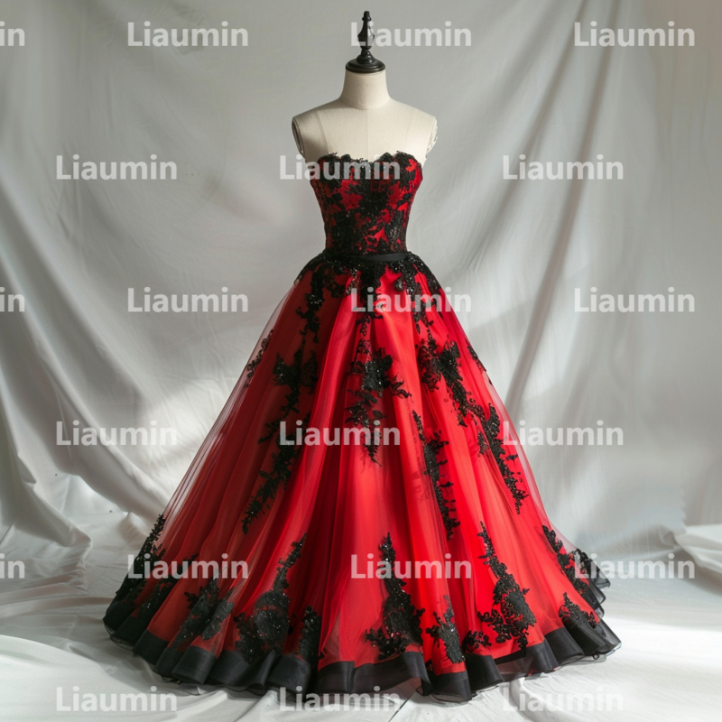 Gaun Prom malam tanpa tali Tulle merah dan hitam kustom gaun pengantin panjang selantai pakaian pesta acara Formal W15-39