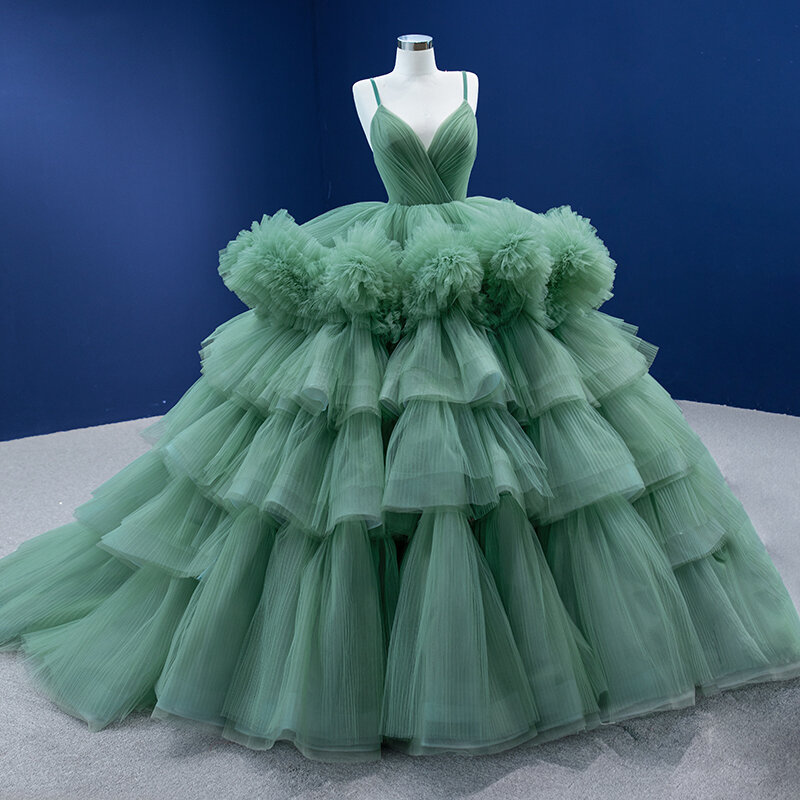 Vestido de princesa bolo de alto senso feminino, banquete verde, luxo leve, J67504