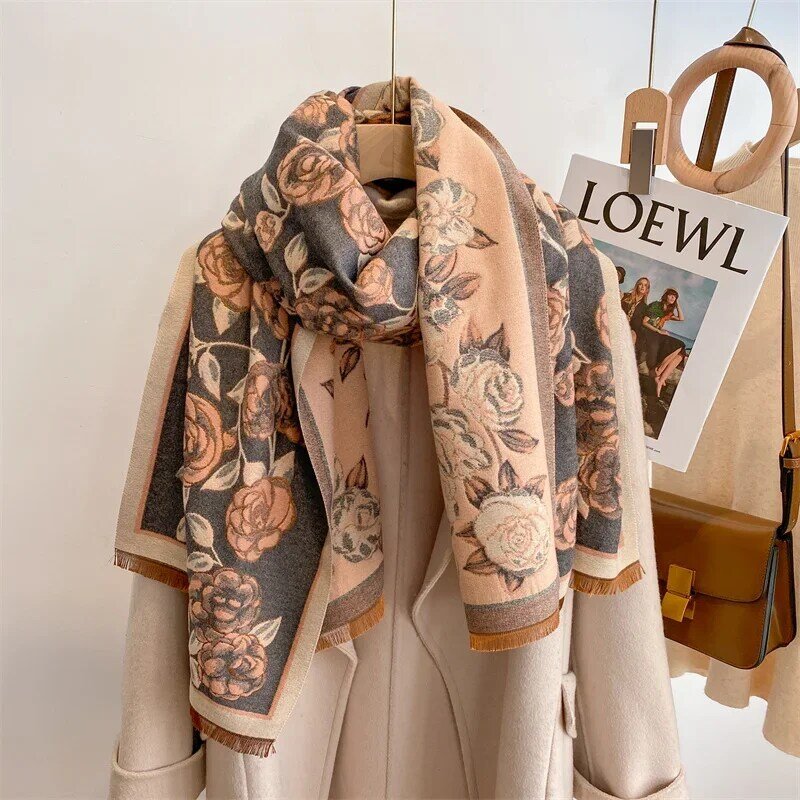 Luxus Floral Winter Kaschmir Schal für Frauen Design Dicke Decke Poncho Warme Pashmina Schal Wraps Weiblich Bufanda Echarpe 2022