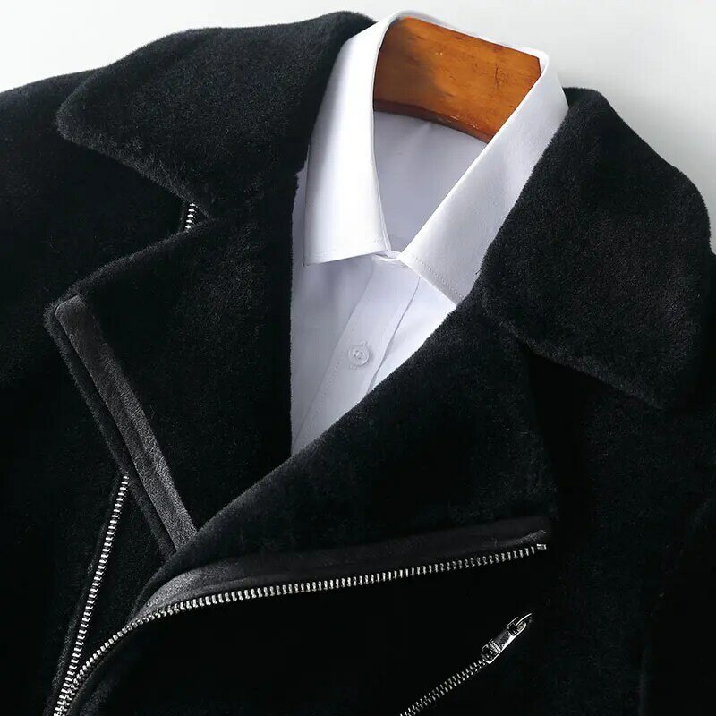 Casaco de pele natural masculino, jaqueta de lã quente para inverno, corte de ovelha, lapela grossa, roupas casuais da moda, Z130, 2023