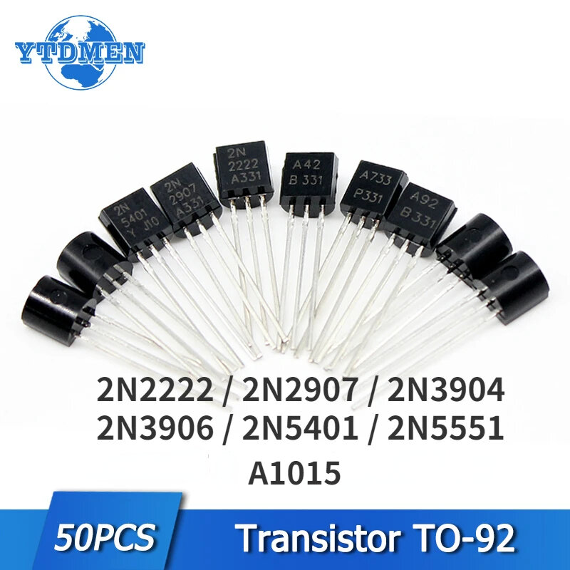ترانزستور ثلاثي ، 2N3904 ، 2N2222 ، إلى-92 ، 2N2907 ، 2N3906 ، 2N5401 ، 2N5551 ، A1015 ، NPN ، 50 طقم