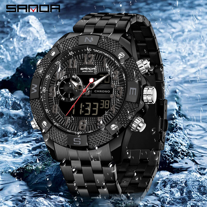 SANDA-reloj deportivo de cuarzo para hombre, cronógrafo Digital LED, resistente al agua, estilo militar, de acero inoxidable