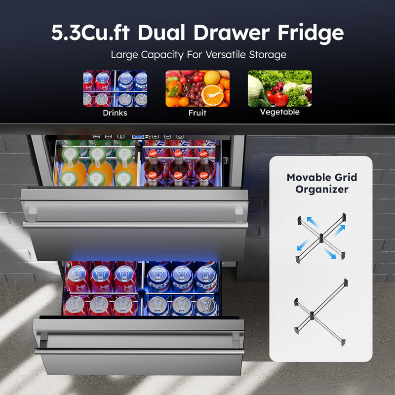 터치 패널 내장 음료 냉장고, 24 인치 언더카운터 냉장고, 서랍 2 개, 5.3 Cu.ft. 언더 카운터 냉장고
