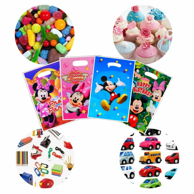 ディズニー-ミッキーとミニーのパーティーギフトバッグ子供用、マウスのテーマプラスチックキャンディーバッグ、子供用パーティーブラッドバッグ、誕生日パーティーの装飾用品