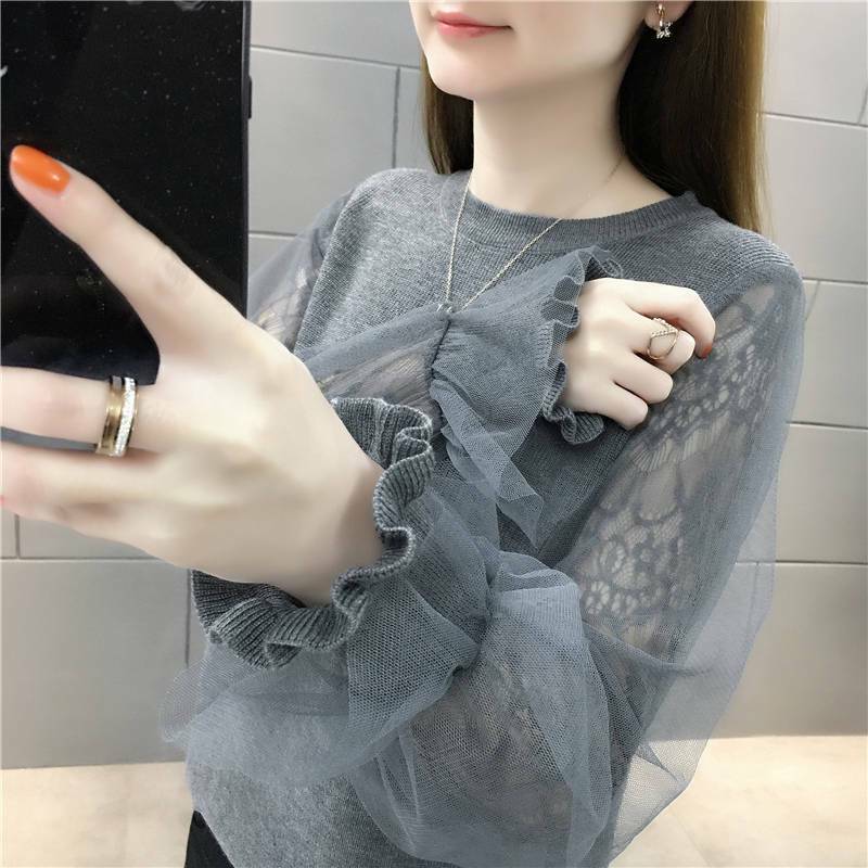 Flare Sleeve Pullovers Women Gauze Temper Elegant Knit Tops O-neck Ladies Vintage S-4XL Basics Korean Fashion Aesthetic Designer