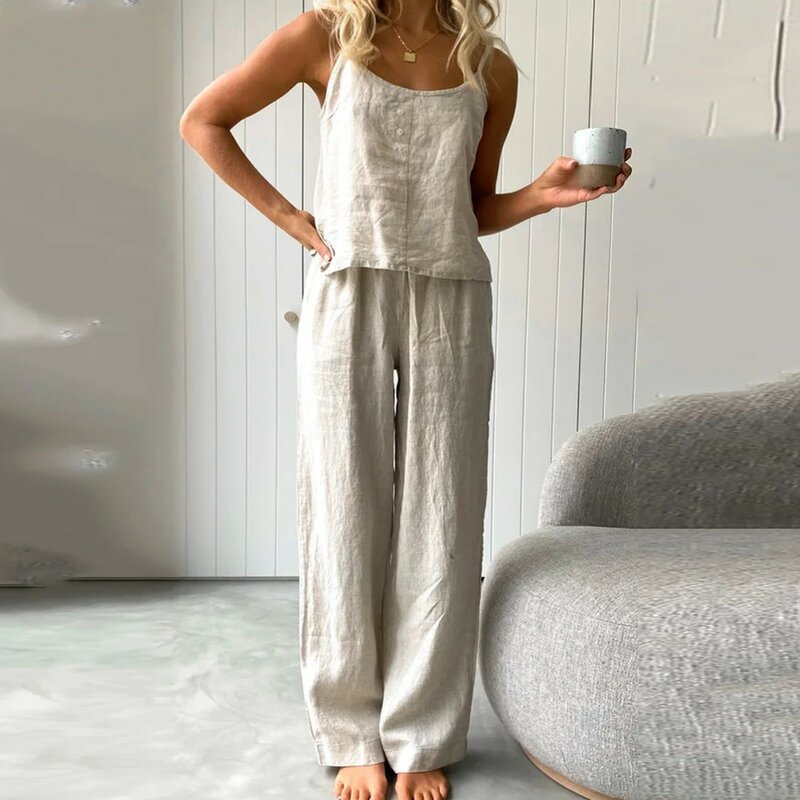 Terno de linho de algodão feminino com 2 peças, colete deslizante, calças de perna larga, moda casual feminina, roupas de casa, conjuntos femininos, 2021