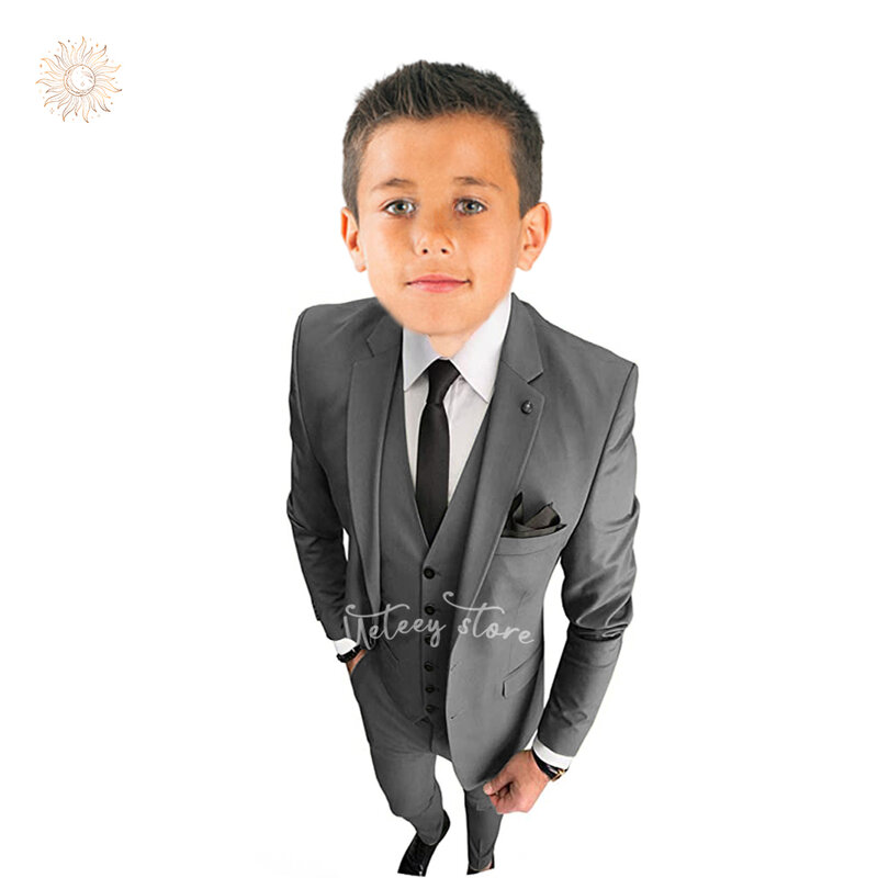 Boys Suits Solid Slim Fit Tuxedo 3 Piece Set with Blazer Jacket Dressing Pants Vest for Kids Wedding Prom Ring Bearer Outfit