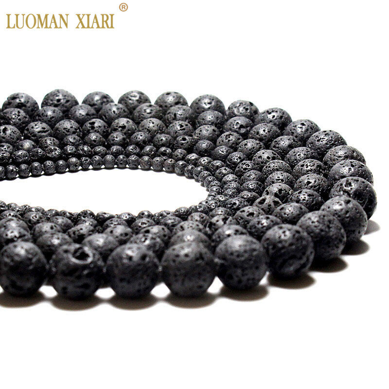 Perles noires de lave volcanique, pierres rondes naturelles de 4 à 14 mm, pour la fabrication de bijoux, vente en gros