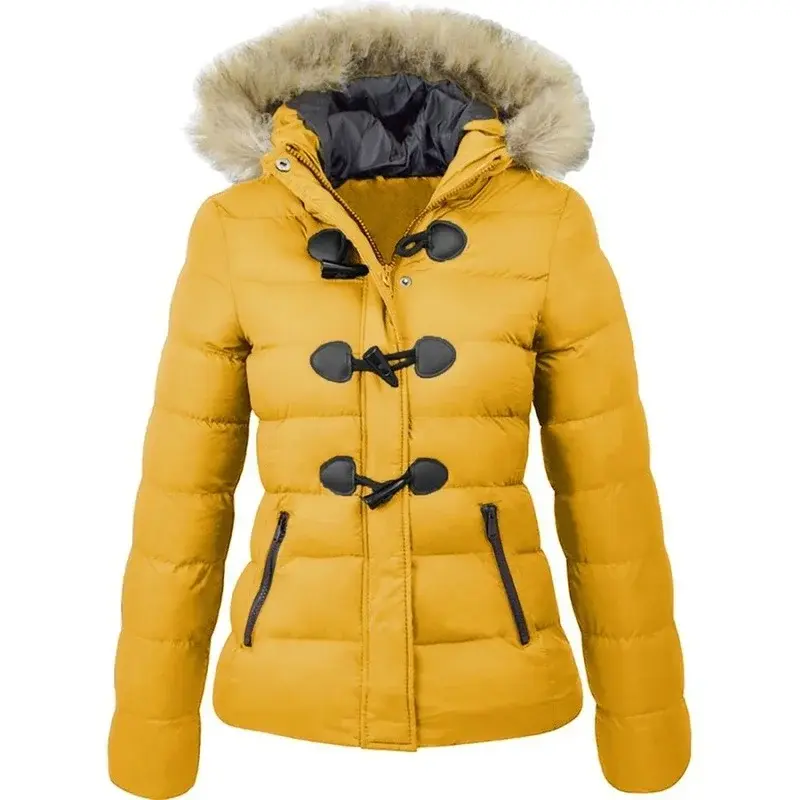 Jaket empuk katun wanita, Model dekorasi musim dingin jaket hangat bertudung pendek wanita dengan gesper klakson