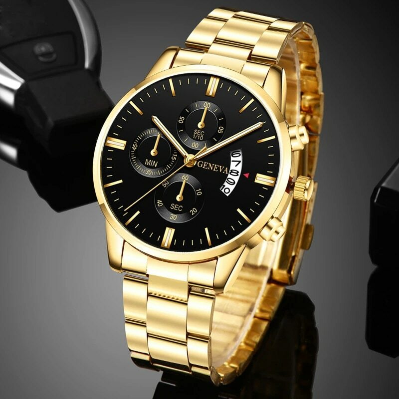 Jam tangan emas Stainless Steel pria, arloji bisnis Quartz kalender mewah, jam tangan besi anti karat untuk lelaki 2023