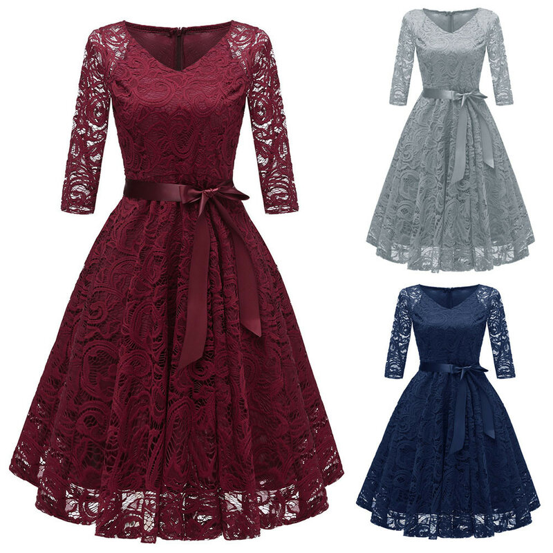 2024 New Elegant Lace Evening Party Dress Women V-neck 3/4 Sleeve Dress Ladies Vintage Big Swing Midi Dress Halloween Long Dress