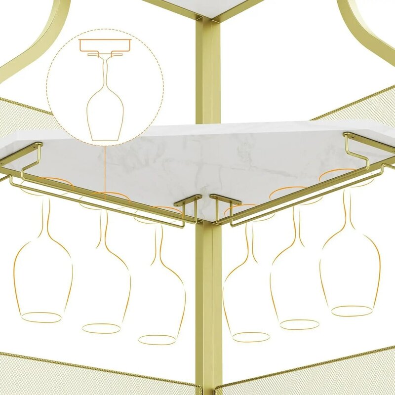 서랍이 있는 코너 와인 바 캐비닛, 유리 거치대 작은 사이드 보드 및 뷔페 메쉬 문짝, 양주 및 안경, 금색
