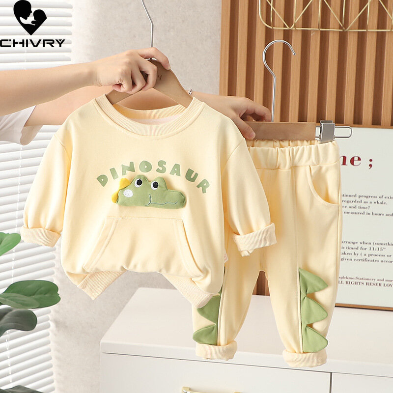 Nowe 2023 Baby Boys wiosna jesień moda kreskówka dinozaur list bluza z okrągłym dekoltem topy ze spodniami zestawy ubrań na co dzień dla dzieci