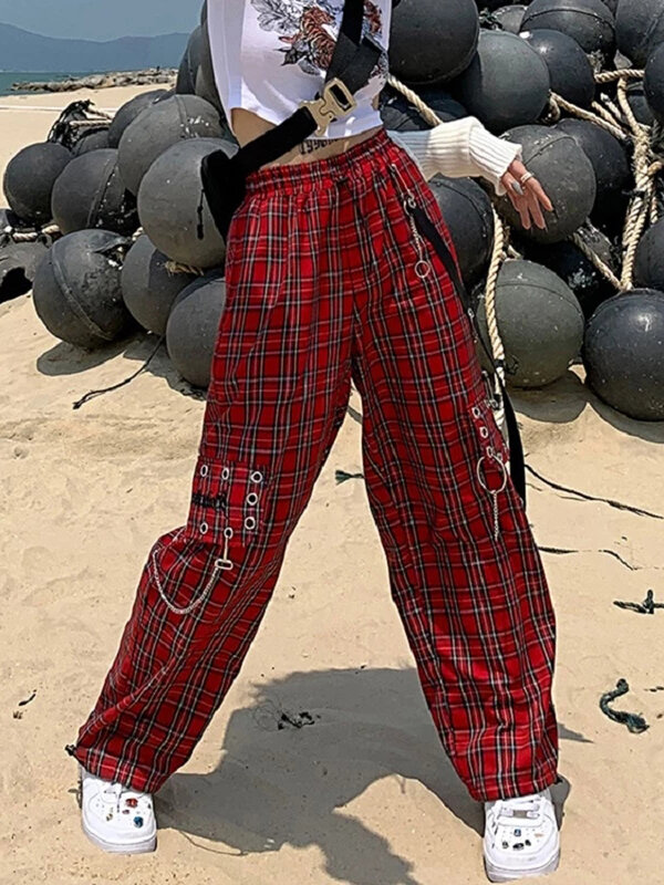 Женские брюки-карго в стиле панк HOUZHOU, готика, Харадзюку, красные клетчатые широкие брюки для осени, уличная мода хиппи