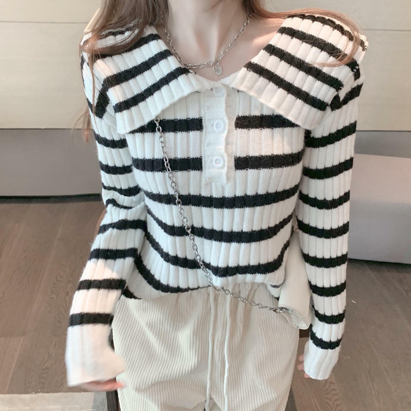 Maglione donna pullover Top Girl Y2K Jumpers Peter Pan Collar Button Chic elegante Streetwear Stripe manica lunga coreano Basic Tee