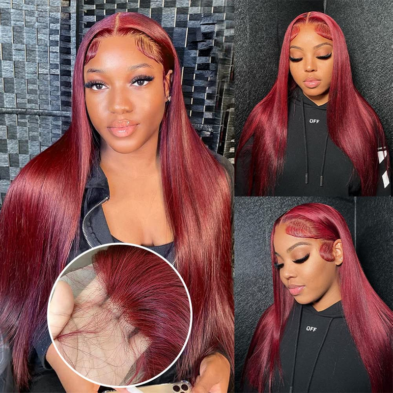 Peluca de cabello humano liso para mujer, Frontal de encaje postizo, color rojo borgoña 99J, 13x4, 13x6