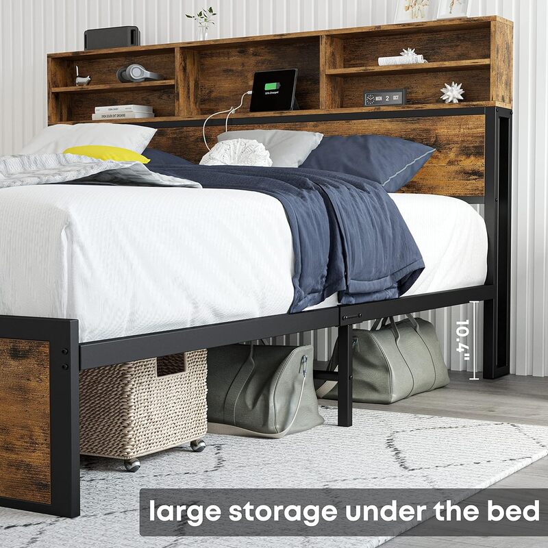 Bed Frame with Tall Bookcase Headboard and Charging Station, Solid and Stable Platform Bed, Noise Free, No Box Spring Needed