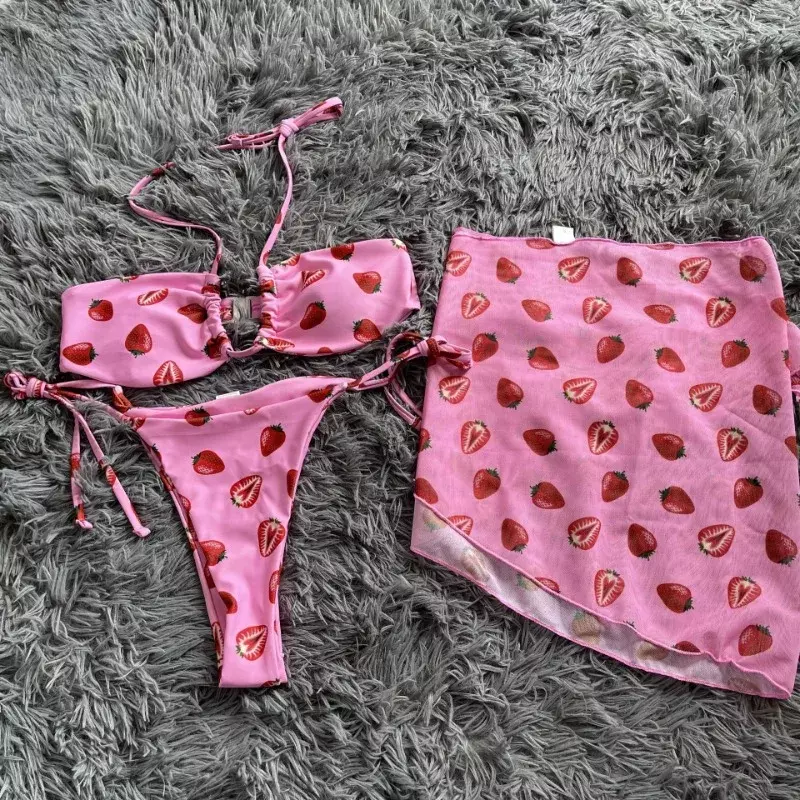 Set baju renang Bikini Thong 3 potong seksi wanita pakaian mandi Brasil bertali Push Up