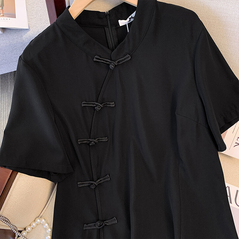Gaun kasual musim panas wanita ukuran besar dekorasi gesper nampan cheongsam modifikasi gaya Tiongkok Kelim kain poliester hitam