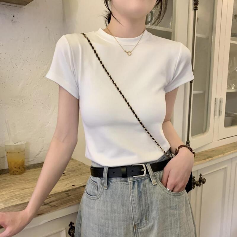 Camiseta feminina de manga curta slim fit, blusa elegante com gola redonda, pulôver monocromático, streetwear macio, elegante