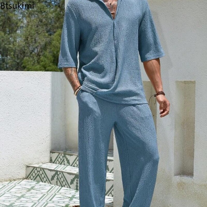 Conjunto informal de ondas de agua para hombre, camisa de media manga Irregular y pantalones sueltos, traje de vacaciones de verano, 2024