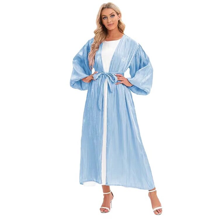 2024 Eid Abaya Dubai Puff Sleeves Muslim Dress Silky Turkey Kaftans for WomenRobe Kimono Islam Abayas Femme Musulmane African