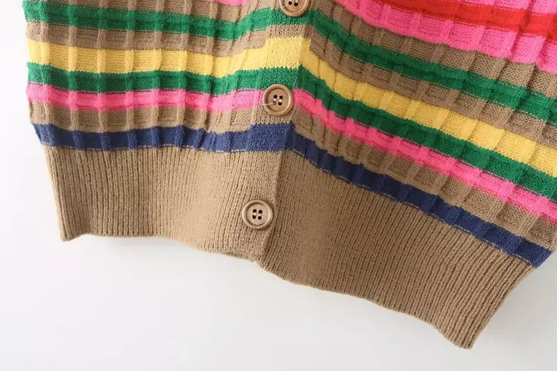 Colete de malha com listras estampado feminino, suéter sem mangas, decote em O solto, botão para cima, blusa chique, retrô, nova moda, 2024