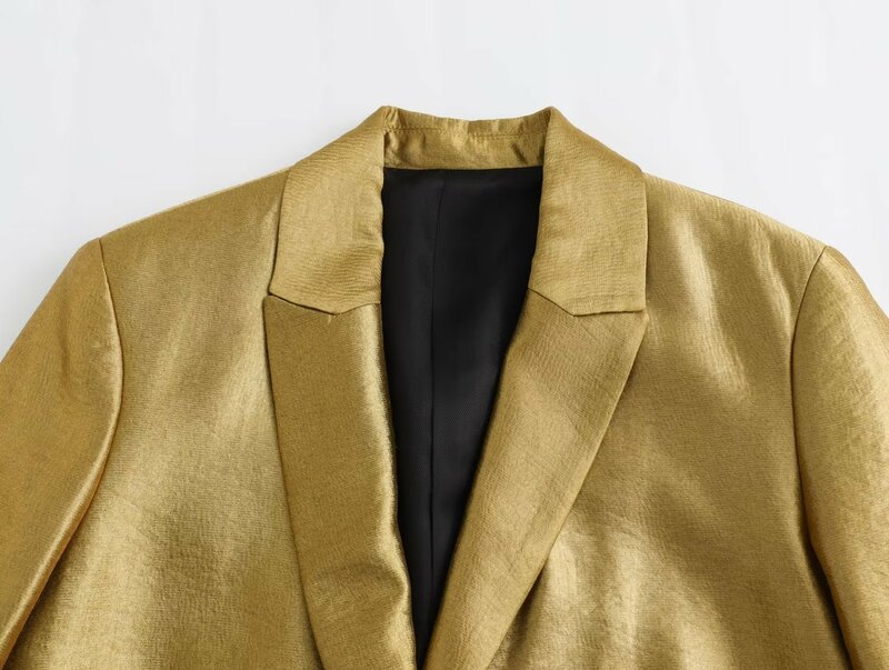 Frauen neue Mode Gold gerade geschnittenen einreihigen losen Blazer Mantel Vintage Langarm Taschen weibliche Oberbekleidung Chic