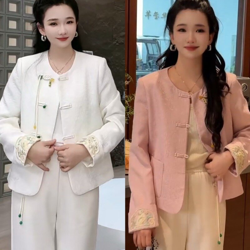 UNXX Chinese Style Improved Hanfu Embroidered Jacket Women 2024 Spring Autumn Retro Round Neck Long Sleeve Elegant Tang Suit Top