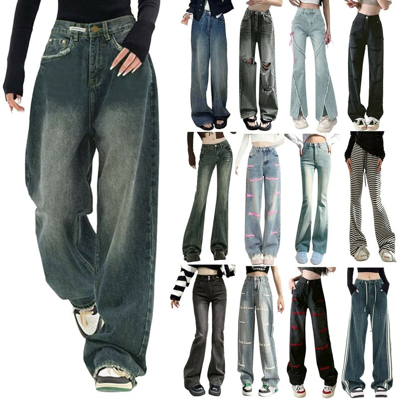 Женские джинсовые брюки с высокой талией в стиле Харадзюку, винтажная уличная одежда в стиле бойфренд, универсальные свободные Модные женские джинсовые брюки с широкими штанинами, 2024