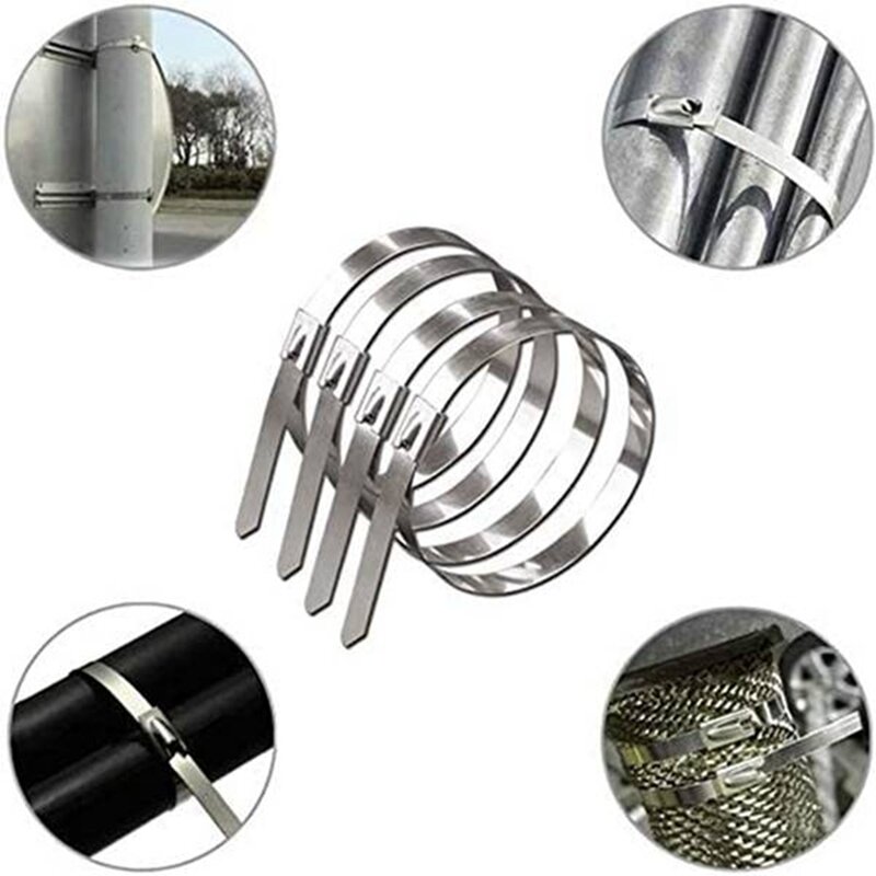 200 PCS Metal Cable Ties Cable Ties Marine Cable Ties Silver Stainless Steel With Wire Fix Buckle Photovoltaic Power Cable Ties