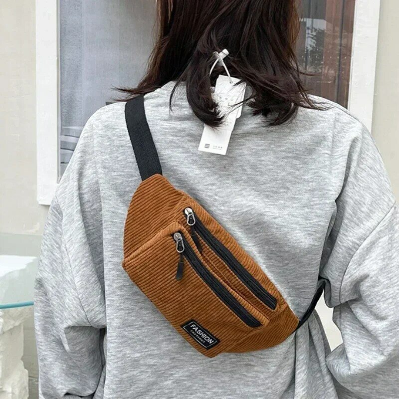 Corduroy Women's Waist Bag Small Canvas Ladies Casual Shoulder Crossbody Bags Fashion Fanny Pack Female Solid Color Chest Bag