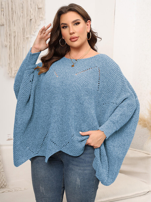 Plus Size swetry oversize dla kobiet 2023 jesień zima na co dzień z okrągłym dekoltem Batwing sweter sweter z długim rękawem