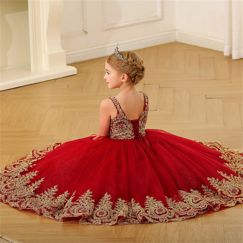 Red Fower Mädchen Kleid Applikation Tüll ärmellose Pailletten elegante Geburtstags feier Kleid für Hochzeit Kinder Erstkommunion Ballkleider