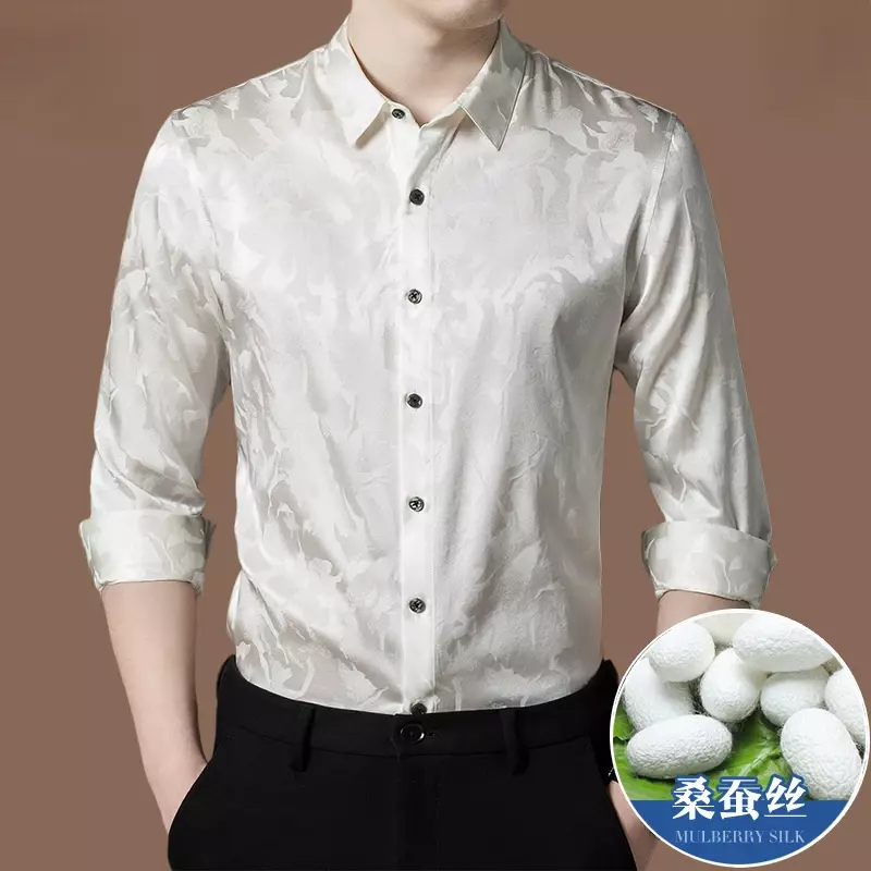 남성용 하이 엔드 100% 뽕나무 실크 셔츠, 긴팔 패션, 비즈니스 캐주얼, 통기성 셔츠