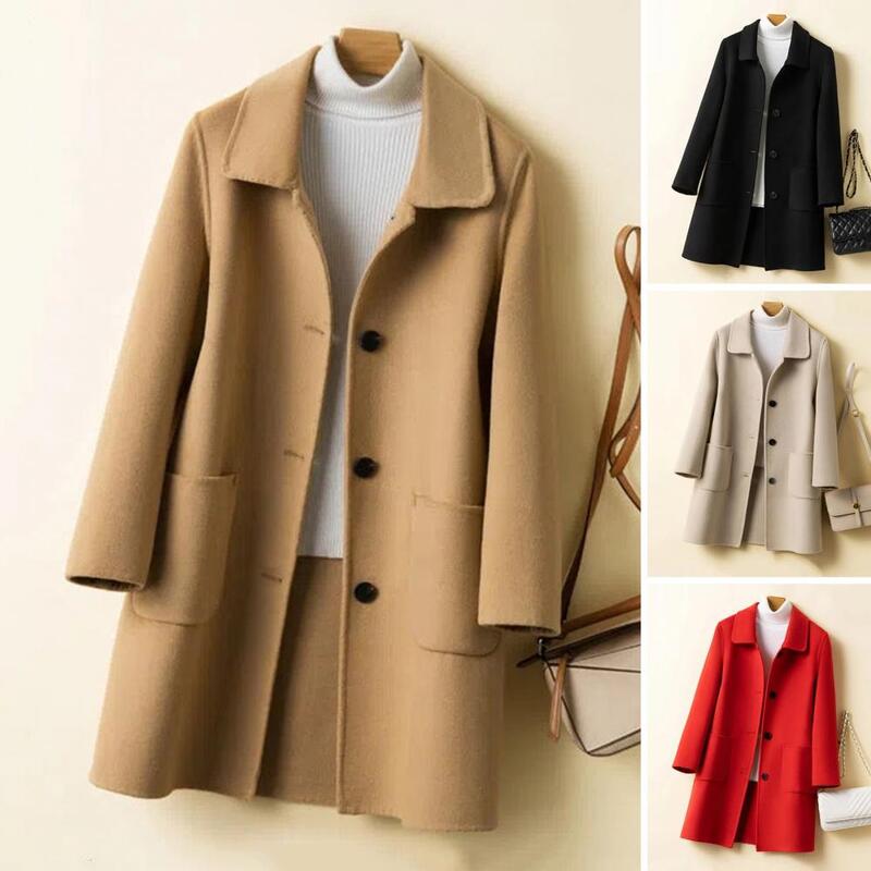 Solid Color Lady Coat Stylish Women's Mid Length Winter Coat with Single-breasted Lapel Pockets Thick Cold Resistant for Fall