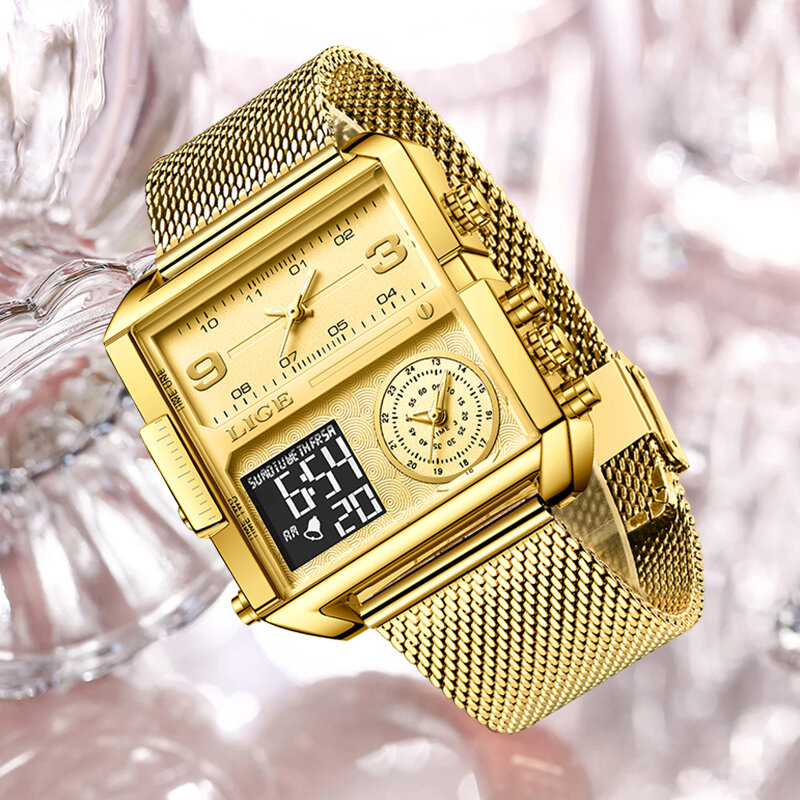 Часы наручные LIGE женские с квадратным циферблатом, брендовые Роскошные креативные модные золотистые с двойным дисплеем, с коробкой, 2023