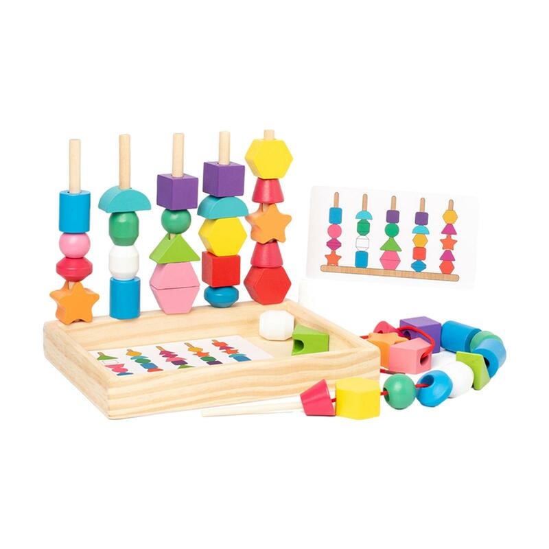 Wooden Beads Sequencing Toy, Lacing Beads and Stacking Block, Early Education Matching Shape Stacker for Kids Children