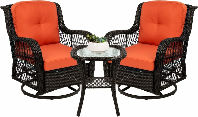 Outdoor Wicker Patio Bistro Set, cadeiras giratórias, tampo de vidro temperado, mesa lateral, 2 360 graus, 3 pcs
