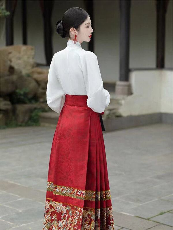 Set gaya nasional ringan China, Rok wajah kuda musim gugur 2024 gaya China, rok elemen Han harian