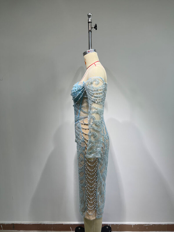 Robe moulante sexy personnalisée à manches longues avec perles, paillettes à haute élasticité, robe de performance pour fête d'anniversaire