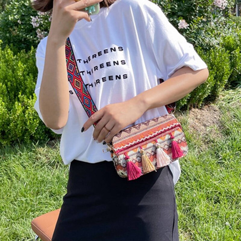 Borsa da donna etnica di moda borsa a tracolla monospalla stampata a righe borsa Casual da donna con nappe Mini con cerniera