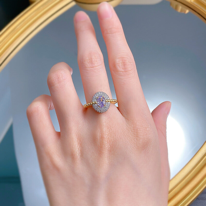 New S925 Gold Plated High Carbon Diamond 5 * 7 Gentle Purple Diamond Ice Cut S925 Silver Ring