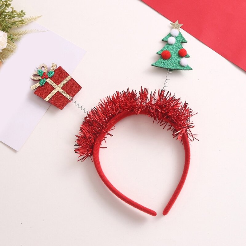 Celebración árbol Navidad y caja regalo Aro para cabello con lentejuelas transmisión en vivo soporte para cabello