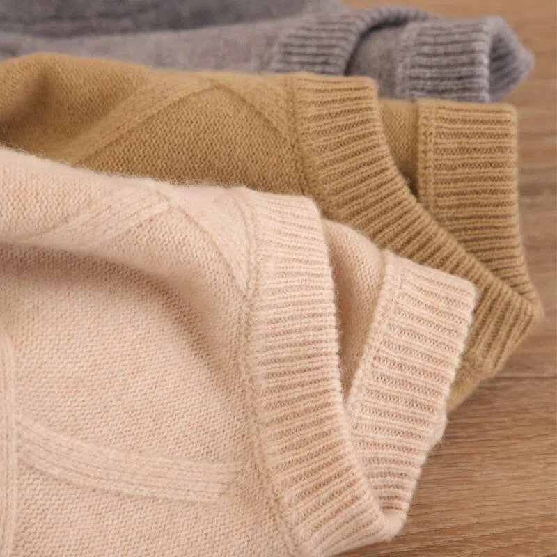 Suéter macio de caxemira com o pescoço, pulôver quente grosso solto casual masculino, roupa coreana masculina, malha de lã, outono inverno